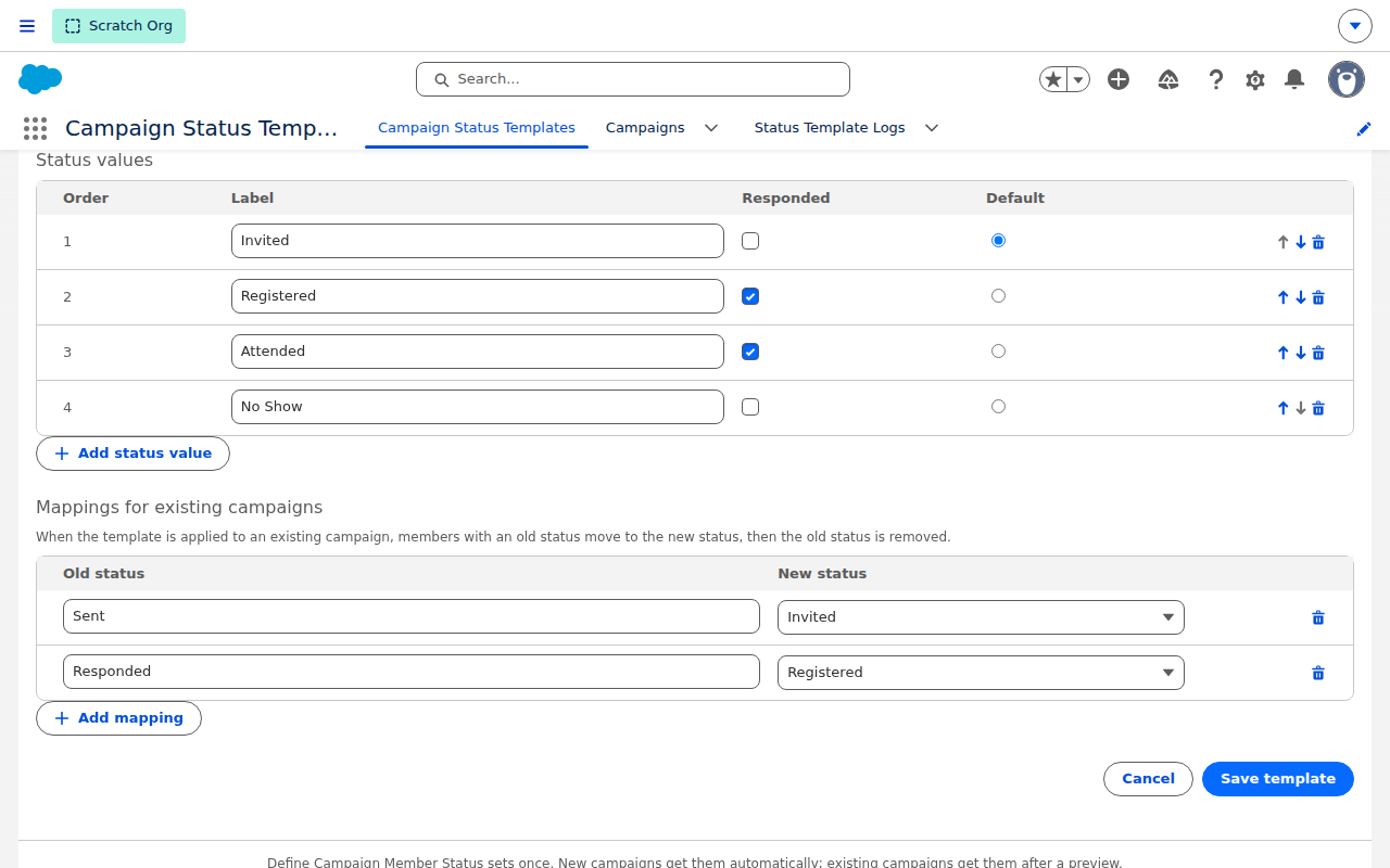 A template: status values and mappings